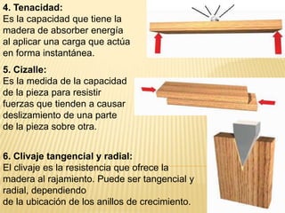 4. Tenacidad:Es la capacidad que tiene la madera de absorber energíaal aplicar una carga que actúa en forma instantánea.5. Cizalle:Es la medida de la capacidad de la pieza para resistirfuerzas que tienden a causar deslizamiento de una partede la pieza sobre otra.6. Clivaje tangencial y radial:El clivaje es la resistencia que ofrece la madera al rajamiento. Puede ser tangencial y radial, dependiendode la ubicación de los anillos de crecimiento.