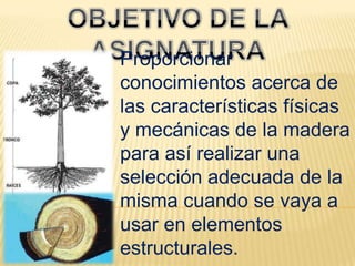 OBJETIVO DE LA ASIGNATURAProporcionar conocimientos acerca de las características físicas y mecánicas de la madera  para así realizar una selección adecuada de la misma cuando se vaya a usar en elementos estructurales.