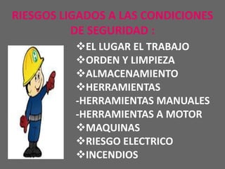 RIESGOS LIGADOS A LAS CONDICIONES
DE SEGURIDAD :
EL LUGAR EL TRABAJO
ORDEN Y LIMPIEZA
ALMACENAMIENTO
HERRAMIENTAS
-HERRAMIENTAS MANUALES
-HERRAMIENTAS A MOTOR
MAQUINAS
RIESGO ELECTRICO
INCENDIOS
 