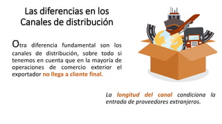 Las diferencias en los
Canales de distribución
Otra diferencia fundamental son los
canales de distribución, sobre todo si
tenemos en cuenta que en la mayoría de
operaciones de comercio exterior el
exportador no llega a cliente final.
La longitud del canal condiciona la
entrada de proveedores extranjeros.
 