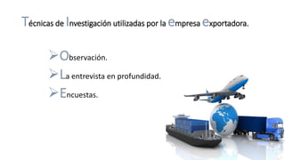 Técnicas de Investigación utilizadas por la empresa exportadora.
Observación.
La entrevista en profundidad.
Encuestas.
 
