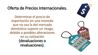 Oferta de Precios Internacionales.
Determinar el precio de
exportación en una moneda
que no sea la del mercado
doméstico supone un riesgo,
debido a posibles alteraciones
en su cotización
(devaluaciones o
revaluaciones).
 