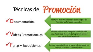 Técnicas de
Documentación.
Videos Promocionales.
Ferias y Exposiciones.
Los tipos más utilizados son los catálogos, los
folletos y las fichas de productos.
Permite combinar las imágenes con la palabra,
y su efectividad depende de la profesionalidad
con que se hace la película.
Son una concertación de la oferta y la demanda en
un lugar y un tiempo determinados.
 