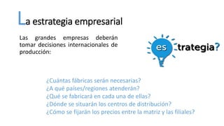 La estrategia empresarial
Las grandes empresas deberán
tomar decisiones internacionales de
producción:
¿Cuántas fábricas serán necesarias?
¿A qué países/regiones atenderán?
¿Qué se fabricará en cada una de ellas?
¿Dónde se situarán los centros de distribución?
¿Cómo se fijarán los precios entre la matriz y las filiales?
 