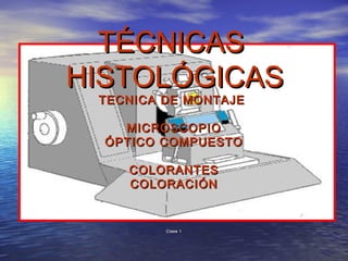 TÉCNICASTÉCNICAS
HISTOLÓGICASHISTOLÓGICAS
TECNICA DE MONTAJETECNICA DE MONTAJE
MICROSCOPIOMICROSCOPIO
ÓPTICO COMPUESTOÓPTICO COMPUESTO
COLORANTESCOLORANTES
COLORACIÓNCOLORACIÓN
Clase 1Clase 1
 
