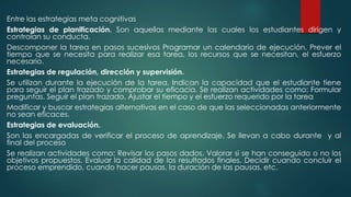 Entre las estrategias meta cognitivas
Estrategias de planificación. Son aquellas mediante las cuales los estudiantes dirigen y
controlan su conducta.
Descomponer la tarea en pasos sucesivos Programar un calendario de ejecución. Prever el
tiempo que se necesita para realizar esa tarea, los recursos que se necesitan, el esfuerzo
necesario.
Estrategias de regulación, dirección y supervisión.
Se utilizan durante la ejecución de la tarea. Indican la capacidad que el estudiante tiene
para seguir el plan trazado y comprobar su eficacia. Se realizan actividades como: Formular
preguntas. Seguir el plan trazado. Ajustar el tiempo y el esfuerzo requerido por la tarea
Modificar y buscar estrategias alternativas en el caso de que las seleccionadas anteriormente
no sean eficaces.
Estrategias de evaluación.
Son las encargadas de verificar el proceso de aprendizaje. Se llevan a cabo durante y al
final del proceso
Se realizan actividades como: Revisar los pasos dados. Valorar si se han conseguido o no los
objetivos propuestos. Evaluar la calidad de los resultados finales. Decidir cuando concluir el
proceso emprendido, cuando hacer pausas, la duración de las pausas, etc.
 