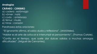 Analogías
CRÁNEO : CEREBRO
a) cadera : estómago
b) vómer : nariz
c) codo : antebrazo
d) fémur : muslo
e) tórax : corazón
Parafrasea estas oraciones:
“El ignorante afirma, el sabio duda y reflexiona”. (Aristóteles).
“Hablar es el arte de sofocar e interrumpir el pensamiento”. (Thomas Carlyle).
“Confía en el tiempo, que suele dar dulces salidas a muchas amargas
dificultades”. (Miguel de Cervantes).
 