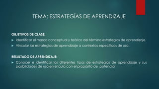 TEMA: ESTRATEGÍAS DE APRENDIZAJE
OBJETIVOS DE CLASE:
 Identificar el marco conceptual y teórico del término estrategias de aprendizaje.
 Vincular las estrategias de aprendizaje a contextos específicos de uso.
RESULTADO DE APRENDIZAJE:
 Conocer e identificar los diferentes tipos de estrategias de aprendizaje y sus
posibilidades de uso en el aula con el propósito de potenciar
 