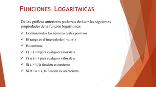 De las gráficas anteriores podemos deducir las siguientes
propiedades de la función logarítmica:
 Dominio todos los números reales positivos
 El rango es el intervalo de ( -∞, ∞ )
 Es continua
 f ( 1 ) = 0 para cualquier valor de a
 f ( a ) = 1 para cualquier valor de a
 Si a > 1, la función es creciente
 Si 0 < a < 1, la función es decreciente.
FUNCIONES LOGARÍTMICAS
 