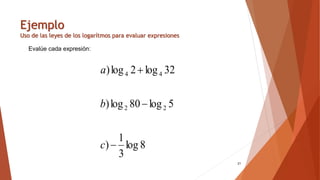 Ejemplo
Uso de las leyes de los logarítmos para evaluar expresiones
21
Evalúe cada expresión:
8
log
3
1
)
5
log
80
log
)
32
log
2
log
)
2
2
4
4



c
b
a
 