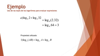 Ejemplo
Uso de las leyes de los logarítmos para evaluar expresiones
3
64
log
)
32
.
2
(
log
4
4



32
log
2
log
) 4
4 
a
B
A
AB a
a
a log
log
)
(
log
)
1 

Propiedad utilizada:
 