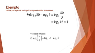 Ejemplo
Uso de las leyes de los logarítmos para evaluar expresiones
23
5
log
80
log
) 2
2 
b
4
16
log
5
80
log
2
2



B
A
B
A
a
a
a log
log
log
)
2 







Propiedad utilizada:
 