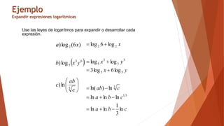 Ejemplo
Expandir expresiones logarítmicas
Use las leyes de logarítmos para expandir o desarrollar cada
expresión.
 






3
6
3
5
2
ln
)
log
)
)
6
(
log
)
c
ab
c
y
x
b
x
a
c
b
a
c
b
a
c
ab
y
x
y
x
x
ln
3
1
ln
ln
ln
ln
ln
ln
)
ln(
log
6
log
3
log
log
log
6
log
3
1
3
5
5
3
5
3
5
2
2














 