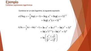 Ejemplo
Combinar expresiones logarítmicas
)
1
log(
2
1
log
3
) 
 x
x
a
Combinar en un solo logarítmo, la siguiente expresión:
2
1
3
2
1
3
)
1
(
log(
)
1
log(
log





x
x
x
x
)
1
ln(
4
ln
2
1
ln
3
) 2


 t
t
s
b
  

















4
2
3
4
2
2
1
3
4
2
2
1
3
1
ln
)
1
ln(
)
ln(
)
1
ln(
ln
ln
t
t
s
t
t
s
t
t
s
 