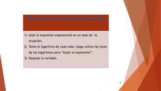 Normas para resolver ecuaciones exponenciales
1) Aísle la expresión exponencial en un lado de la
ecuación.
2) Tome el logarítmo de cada lado, luego utilice las leyes
de los logarítmos para “bajar el exponente”.
3) Despeje la variable.
29
 