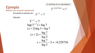 Ejemplo
Resolver una ecuación exponencial
Encuentre la solución de:
Solución:
7
3 2


x
7
log
)
3
log( 2


x
7
3 2


x
7
log
3
log
)
2
( 

x
3
log
7
log
)
2
( 

x
228756
.
0
2
3
log
7
log




x
Si verificas en tu calculadora:
7
3 2
)
228756
.
0
(



 
