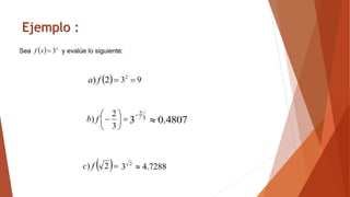 Ejemplo :
Sea y evalúe lo siguiente:
  x
x
f 3

 
2
) f
a








3
2
) f
b
 
2
) f
c
9
32

4807
.
0
3 3
2


7288
.
4
3 2

 