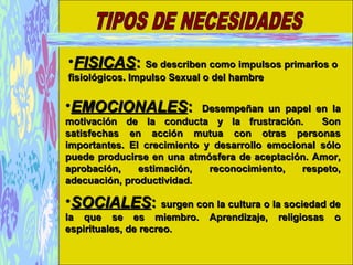 •FISICASFISICAS:: Se describen como impulsos primarios oSe describen como impulsos primarios o
fisiológicos. Impulso Sexual o del hambrefisiológicos. Impulso Sexual o del hambre
•EMOCIONALESEMOCIONALES:: Desempeñan un papel en laDesempeñan un papel en la
motivación de la conducta y la frustración. Sonmotivación de la conducta y la frustración. Son
satisfechas en acción mutua con otras personassatisfechas en acción mutua con otras personas
importantes. El crecimiento y desarrollo emocional sóloimportantes. El crecimiento y desarrollo emocional sólo
puede producirse en una atmósfera de aceptación. Amor,puede producirse en una atmósfera de aceptación. Amor,
aprobación, estimación, reconocimiento, respeto,aprobación, estimación, reconocimiento, respeto,
adecuación, productividad.adecuación, productividad.
•SOCIALESSOCIALES:: surgen con la cultura o la sociedad desurgen con la cultura o la sociedad de
la que se es miembro. Aprendizaje, religiosas ola que se es miembro. Aprendizaje, religiosas o
espirituales, de recreo.espirituales, de recreo.
 