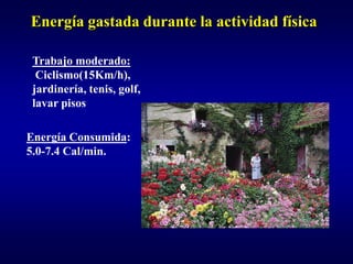 Energía gastada durante la actividad física

 Trabajo moderado:
  Ciclismo(15Km/h),
 jardinería, tenis, golf,
 lavar pisos

Energía Consumida:
5.0-7.4 Cal/min.
 