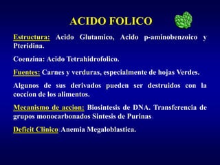 ACIDO FOLICO
Estructura: Acido Glutamico, Acido p-aminobenzoico y
Pteridina.
Coenzina: Acido Tetrahidrofolico.
Fuentes: Carnes y verduras, especialmente de hojas Verdes.
Algunos de sus derivados pueden ser destruidos con la
coccion de los alimentos.
Mecanismo de accion: Biosintesis de DNA. Transferencia de
grupos monocarbonados Sintesis de Purinas.
Deficit Clinico:Anemia Megaloblastica.
 