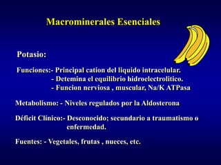 Macrominerales Esenciales


Potasio:
Funciones:- Principal cation del liquido intracelular.
          - Detemina el equilibrio hidroelectrolitico.
          - Funcion nerviosa , muscular, Na/K ATPasa

Metabolismo: - Niveles regulados por la Aldosterona

Déficit Clínico:- Desconocido; secundario a traumatismo o
                  enfermedad.
Fuentes: - Vegetales, frutas , nueces, etc.
 