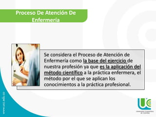 Se considera el Proceso de Atención de
Enfermería como la base del ejercicio de
nuestra profesión ya que es la aplicación del
método científico a la práctica enfermera, el
método por el que se aplican los
conocimientos a la práctica profesional.
Proceso De Atención De
Enfermería
 