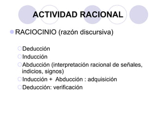ACTIVIDAD RACIONAL RACIOCINIO (razón discursiva) Deducción Inducción Abducción (interpretación racional de señales,  indicios, signos)  Inducción +  Abducción : adquisición Deducción: verificación  