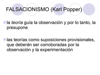 FALSACIONISMO ( Karl Popper) la  teoría  guía la observación y por lo tanto, la presupone  las teorías como suposiciones provisionales, que deberán ser corroboradas por la observación y la experimentación 