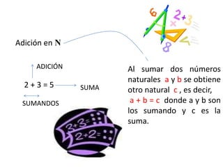 Adición en NADICIÓNAl sumar dos números naturales  a y b se obtiene otro natural  c , es decir, a+ b = c  donde a y b son los sumando y c es la suma.2 + 3 = 5SUMASUMANDOS