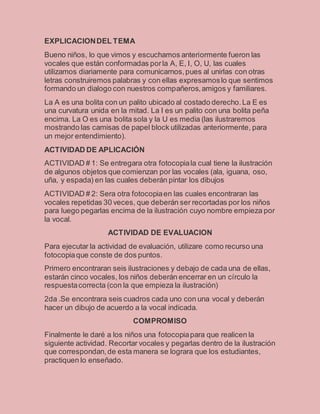 EXPLICACIONDEL TEMA
Bueno niños, lo que vimos y escuchamos anteriormente fueron las
vocales que están conformadas porla A, E, I, O, U, las cuales
utilizamos diariamente para comunicarnos,pues al unirlas con otras
letras construiremos palabras y con ellas expresamoslo que sentimos
formando un dialogo con nuestros compañeros,amigos y familiares.
La A es una bolita con un palito ubicado al costado derecho.La E es
una curvatura unida en la mitad. La I es un palito con una bolita peña
encima. La O es una bolita sola y la U es media (las ilustraremos
mostrando las camisas de papel block utilizadas anteriormente, para
un mejor entendimiento).
ACTIVIDAD DE APLICACIÓN
ACTIVIDAD # 1: Se entregara otra fotocopiala cual tiene la ilustración
de algunos objetos que comienzan por las vocales (ala, iguana, oso,
uña, y espada) en las cuales deberán pintar los dibujos
ACTIVIDAD # 2: Sera otra fotocopiaen las cuales encontraran las
vocales repetidas 30 veces, que deberán ser recortadas por los niños
para luego pegarlas encima de la ilustración cuyo nombre empieza por
la vocal.
ACTIVIDAD DE EVALUACION
Para ejecutar la actividad de evaluación, utilizare como recurso una
fotocopiaque conste de dos puntos.
Primero encontraran seis ilustraciones y debajo de cada una de ellas,
estarán cinco vocales, los niños deberán encerrar en un círculo la
respuestacorrecta (con la que empieza la ilustración)
2da .Se encontrara seis cuadros cada uno con una vocal y deberán
hacer un dibujo de acuerdo a la vocal indicada.
COMPROMISO
Finalmente le daré a los niños una fotocopiapara que realicen la
siguiente actividad. Recortar vocales y pegarlas dentro de la ilustración
que correspondan,de esta manera se lograra que los estudiantes,
practiquen lo enseñado.
 