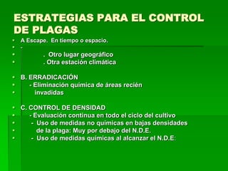 ESTRATEGIAS PARA EL CONTROL
DE PLAGAS
   A Escape. En tiempo o espacio.
   -
          . Otro lugar geográfico
          . Otra estación climática

 B. ERRADICACIÓN
    - Eliminación química de áreas recién
      invadidas

 C. CONTROL DE DENSIDAD
    - Evaluación continua en todo el ciclo del cultivo
     - Uso de medidas no químicas en bajas densidades
       de la plaga: Muy por debajo del N.D.E.
     - Uso de medidas químicas al alcanzar el N.D.E:
 