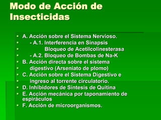 Modo de Acción de
Insecticidas

  A. Acción sobre el Sistema Nervioso.
     - A.1. Interferencia en Sinapsis
            Bloqueo de Acetilcolinesterasa
     - A.2. Bloqueo de Bombas de Na-K
  B. Acción directa sobre el sistema
     digestivo (Arseniato de plomo)
  C. Acción sobre el Sistema Digestivo e
     ingreso al torrente circulatorio.
  D. Inhibidores de Síntesis de Quitina
  E. Acción mecánica por taponamiento de
   espiráculos
  F. Acción de microorganismos.
 