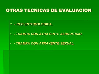 OTRAS TECNICAS DE EVALUACION


  - RED ENTOMOLOGICA.

  - TRAMPA CON ATRAYENTE ALIMENTICIO.

  - TRAMPA CON ATRAYENTE SEXUAL.
 