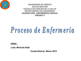 UNIVERSIDAD DE ORIENTE
NÚCLEO BOLÍVAR
ESCUELA DE CIENCIAS DE LA SALUD
DEPARTAMENTO DE ENFERMERÍA
ASIGNATURA: ENFERMERÍA BÁSICA
UNIDAD II
PROF.:
Lcda. Maricela Ratti
Ciudad Bolívar, Marzo 2015
 