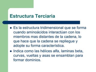 Estructura Terciaria
 Es la estructura tridimensional que se forma
cuando aminoácidos interactúan con los
miembros mas distantes de la cadena, lo
que hace que la cadena se repliegue y
adopte su forma característica.
 Indica como las hélices alfa, laminas beta,
curvas, vueltas y asas se ensamblan para
formar dominios.
 