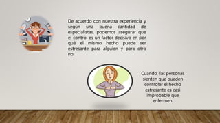 De acuerdo con nuestra experiencia y
según una buena cantidad de
especialistas, podemos asegurar que
el control es un factor decisivo en por
qué el mismo hecho puede ser
estresante para alguien y para otro
no.
Cuando las personas
sienten que pueden
controlar el hecho
estresante es casi
improbable que
enfermen.
 