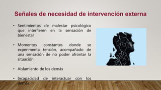 • Sentimientos de malestar psicológico
que interfieren en la sensación de
bienestar
• Momentos constantes donde se
experimenta tensión, acompañado de
una sensación de no poder afrontar la
situación
• Aislamiento de los demás
• Incapacidad de interactuar con los
demás
Señales de necesidad de intervención externa
 