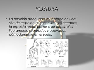 POSTURA
• La posición adecuada es sentado en una
  silla de respaldo alto, con los ojos cerrados,
  la espalda recta, brazos a los lados, pies
  ligeramente separados y apoyados
  cómodamente en el suelo.
 