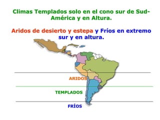 Climas Templados solo en el cono sur de Sud-
América y en Altura.
Aridos de desierto y estepa y Fríos en extremo
sur y en altura.
ARIDOS
TEMPLADOS
FRÍOS
 