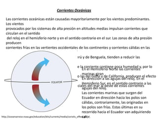Corrientes Oceánicas
Las corrientes oceánicas están causadas mayoritariamente por los vientos predominantes.
Los vientos
provocados por los sistemas de alta presión en altitudes medias impulsan corrientes que
circulan en el sentido
del reloj en el hemisferio norte y en el sentido contrario en el sur. Las zonas de alta presión
producen
corrientes frías en las vertientes occidentales de los continentes y corrientes cálidas en las
costas orientales.
Las corrientes frías oceánicas, como las de Perú y de Benguela, tienden a reducir las
precipitaciones en las
zonas próximas: el aire frío situado debajo de la corriente contiene poca humedad y, por lo
tanto, es difícil que
se formen nubes. Las corrientes cálidas, como las del Golfo y de California, producen el efecto
contrario. Los
grandes cambios en las temperaturas superficiales del mar al oeste de estas corrientes
favorecen el desarrollo
de núcleos de baja presión.
http://oceanservice.noaa.gov/education/kits/currents/media/coriolis_effect.gif
En el Hemisferio Norte las corrientes
marinas giran
En dirección a las agujas del reloj. En el
Hemisferio Sur, en el sentido contrario a las
agujas del reloj.
Las corrientes marinas que surgen del
Ecuador en dirección hacia los polos son
cálidas, contrariamente, las originadas en
los polos son frías. Estas últimas en su
recorrido hacia el Ecuador van adquiriendo
calor.
 