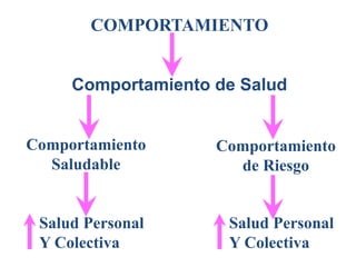 COMPORTAMIENTO
Comportamiento de Salud
Comportamiento
Saludable
Comportamiento
de Riesgo
Salud Personal
Y Colectiva
Salud Personal
Y Colectiva
 