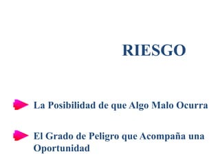RIESGO
La Posibilidad de que Algo Malo Ocurra
El Grado de Peligro que Acompaña una
Oportunidad
 