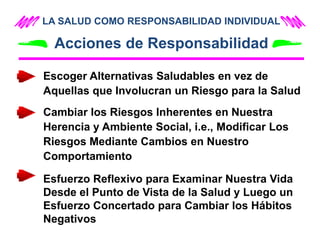 LA SALUD COMO RESPONSABILIDAD INDIVIDUAL
Acciones de Responsabilidad
Escoger Alternativas Saludables en vez de
Aquellas que Involucran un Riesgo para la Salud
Cambiar los Riesgos Inherentes en Nuestra
Herencia y Ambiente Social, i.e., Modificar Los
Riesgos Mediante Cambios en Nuestro
Comportamiento
Esfuerzo Reflexivo para Examinar Nuestra Vida
Desde el Punto de Vista de la Salud y Luego un
Esfuerzo Concertado para Cambiar los Hábitos
Negativos
 