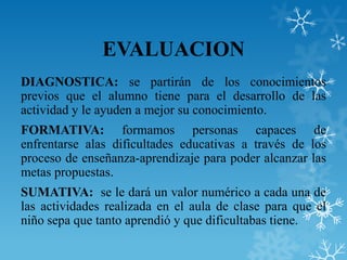 EVALUACION
DIAGNOSTICA: se partirán de los conocimientos
previos que el alumno tiene para el desarrollo de las
actividad y le ayuden a mejor su conocimiento.
FORMATIVA: formamos personas capaces de
enfrentarse alas dificultades educativas a través de los
proceso de enseñanza-aprendizaje para poder alcanzar las
metas propuestas.
SUMATIVA: se le dará un valor numérico a cada una de
las actividades realizada en el aula de clase para que el
niño sepa que tanto aprendió y que dificultabas tiene.
 