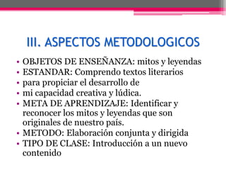 III. ASPECTOS METODOLOGICOS
• OBJETOS DE ENSEÑANZA: mitos y leyendas
• ESTANDAR: Comprendo textos literarios
• para propiciar el desarrollo de
• mi capacidad creativa y lúdica.
• META DE APRENDIZAJE: Identificar y
  reconocer los mitos y leyendas que son
  originales de nuestro país.
• METODO: Elaboración conjunta y dirigida
• TIPO DE CLASE: Introducción a un nuevo
  contenido
 