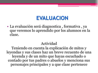EVALUACION
• La evaluación será diagnostica , formativa , ya
  que veremos lo aprendido por los alumnos en la
  clase.

                     Actividad
   Teniendo en cuenta la explicación de mitos y
leyendas y sus clases haz un breve recuento de una
    leyenda y de un mito que hayas escuchado o
 contado por tus padres o abuelos y menciona sus
   personajes principales y a que clase pertenece
 