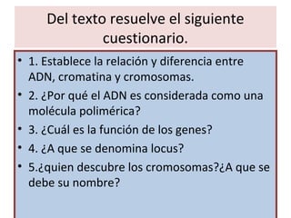 Del texto resuelve el siguiente
cuestionario.
• 1. Establece la relación y diferencia entre
ADN, cromatina y cromosomas.
• 2. ¿Por qué el ADN es considerada como una
molécula polimérica?
• 3. ¿Cuál es la función de los genes?
• 4. ¿A que se denomina locus?
• 5.¿quien descubre los cromosomas?¿A que se
debe su nombre?
 