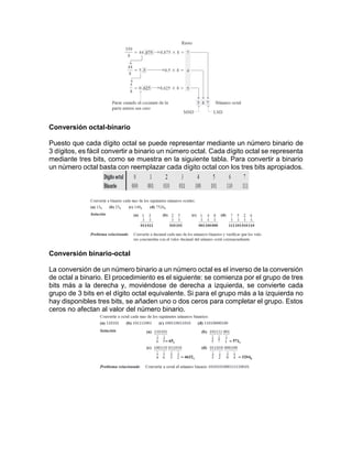 Conversión octal-binario
Puesto que cada dígito octal se puede representar mediante un número binario de
3 dígitos, es fácil convertir a binario un número octal. Cada dígito octal se representa
mediante tres bits, como se muestra en la siguiente tabla. Para convertir a binario
un número octal basta con reemplazar cada dígito octal con los tres bits apropiados.
Conversión binario-octal
La conversión de un número binario a un número octal es el inverso de la conversión
de octal a binario. El procedimiento es el siguiente: se comienza por el grupo de tres
bits más a la derecha y, moviéndose de derecha a izquierda, se convierte cada
grupo de 3 bits en el dígito octal equivalente. Si para el grupo más a la izquierda no
hay disponibles tres bits, se añaden uno o dos ceros para completar el grupo. Estos
ceros no afectan al valor del número binario.
 