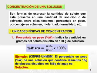 99
CONCENTRACIÓN DE UNA SOLUCIÓN
Son formas de expresar la cantidad de soluto que
está presente en una cantidad de solución o de
solvente, entre ellas tenemos: porcentaje en peso,
porcentaje en volumen, molaridad, normalidad, etc.
I. UNIDADES FÍSICAS DE CONCENTRACIÓN
1. Porcentaje en peso (%W).- Indica la cantidad en
gramos del soluto disuelto en 100 g de solución.
Ejemplo:Ejemplo: (CEPRE-UNMSM) El porcentaje en peso
(%W) de una solución que contiene disueltos 15g
de glucosa disueltos en 185g de agua es:
Solución:Solución:
 