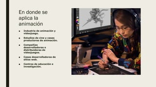 En donde se
aplica la
animación
■ Industria de animación y
videojuego.
■ Estudios de cine y casas
productoras de animación.
■ Compañías
desarrolladoras o
distribuidoras de
videojuegos.
■ Casas desarrolladoras de
sitios web.
■ Centros de educación e
investigación.
 